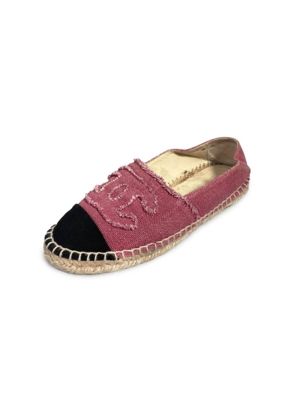Chanel CC Logo Linen Pink Black Espadrilles Flats Shoes 38